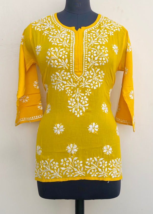 Lucknowi Chikankari Short Kurti Yellow Modal Cotton