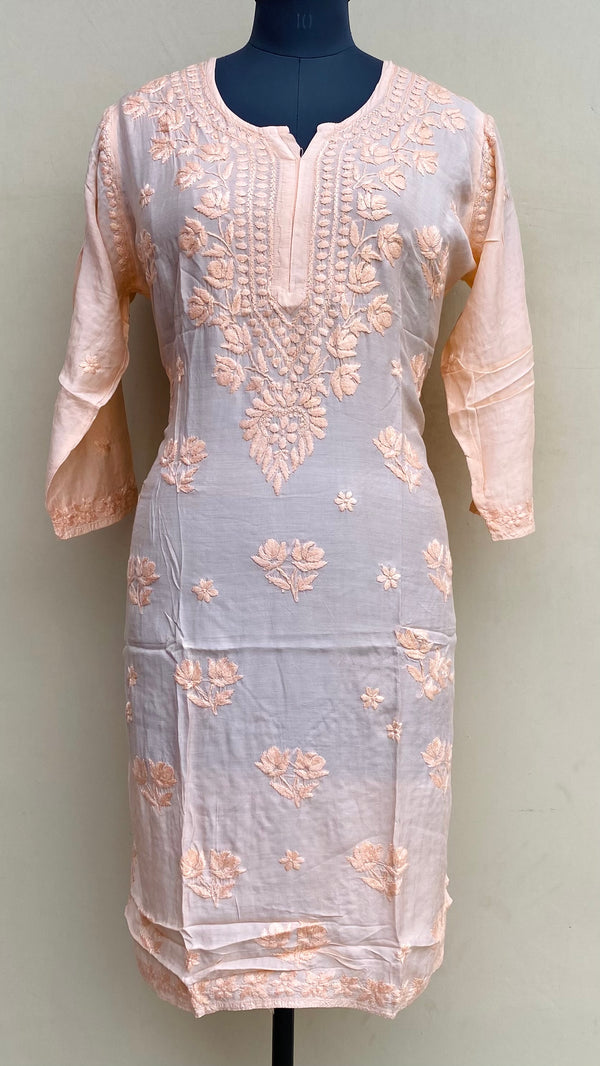 Lucknowi Chikankari Kurti Peach Muslin Cotton With Self 3D Work