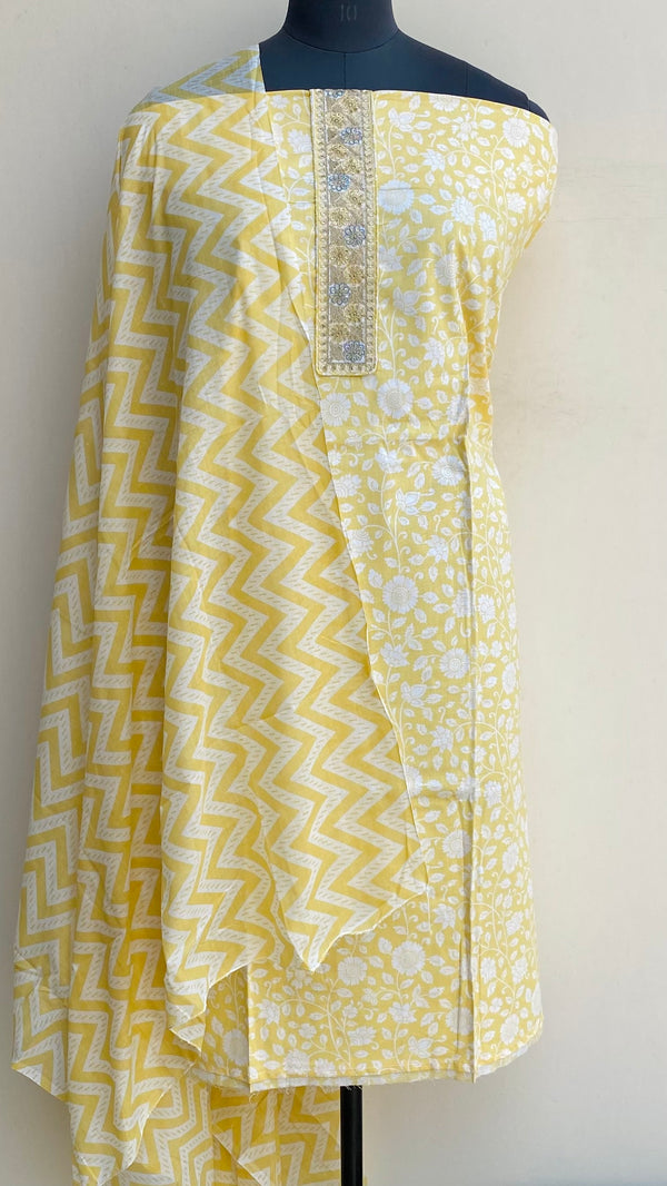 Designer Embroidered Suit Length 3 Piece Yellow Mal Cotton With Sequence Work