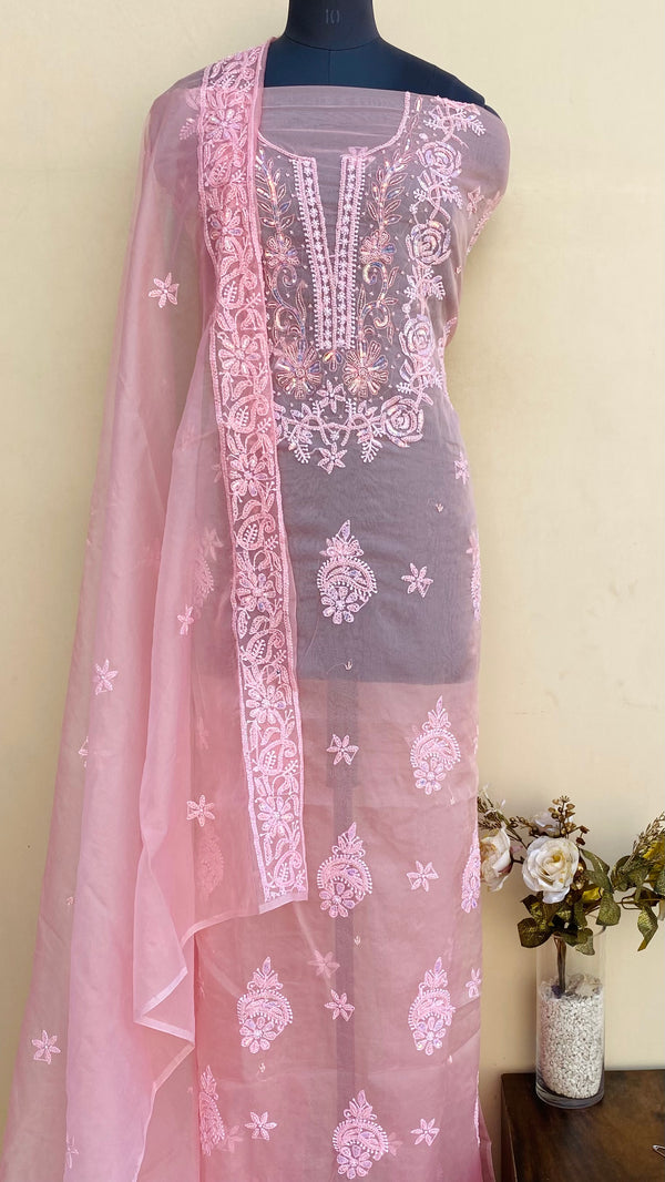 Lucknowi Chikankari Suit Length 2 Piece Pink Organza With Pearl & Sequence Work