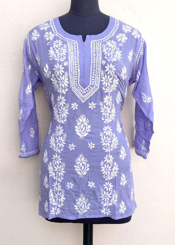 Lucknowi Chikankari Short Kurti Purple Muslin Cotton