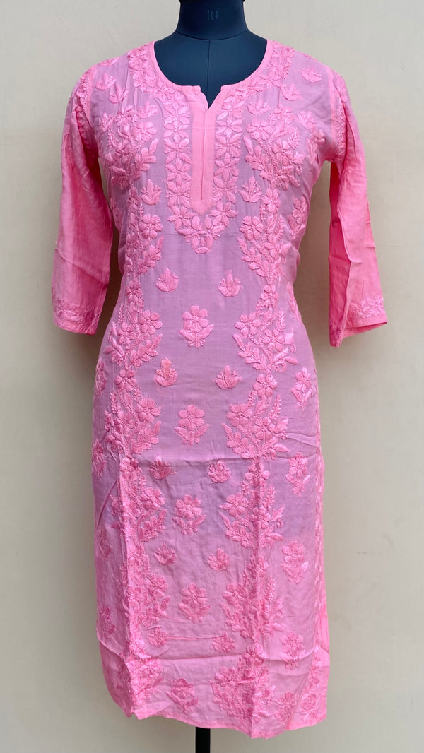 Lucknowi Chikankari Kurti Pink Muslin Cotton With Self 3D Work