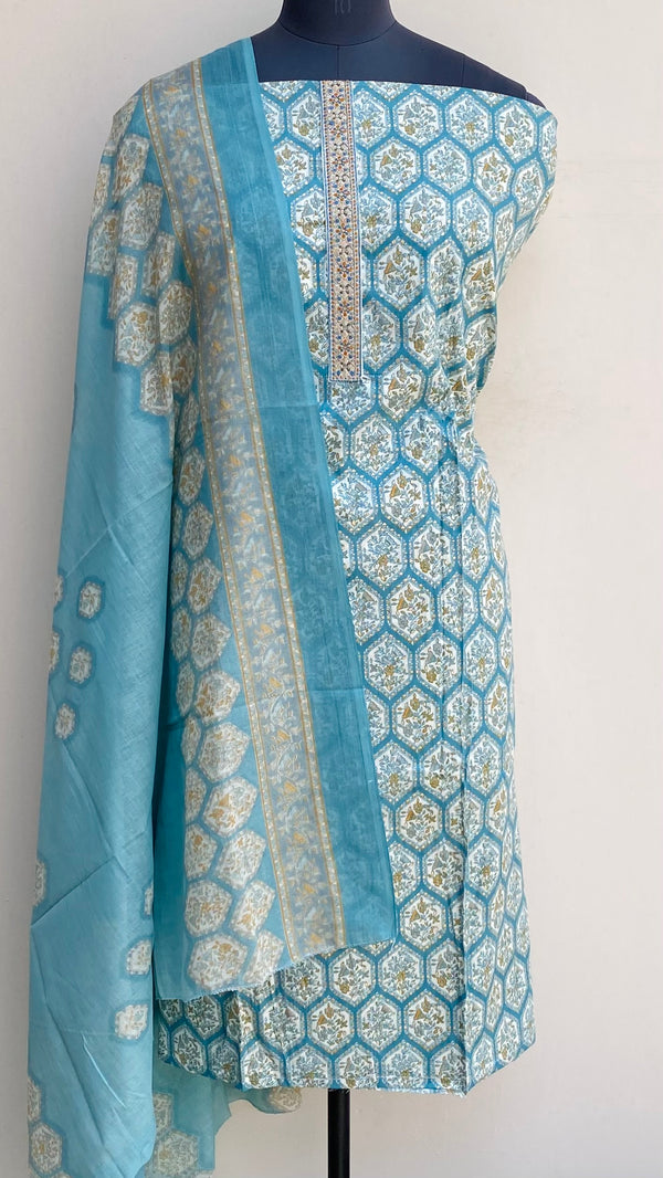 Designer Embroidered Suit Length 3 Piece Blue Mal Cotton With Sequence Work