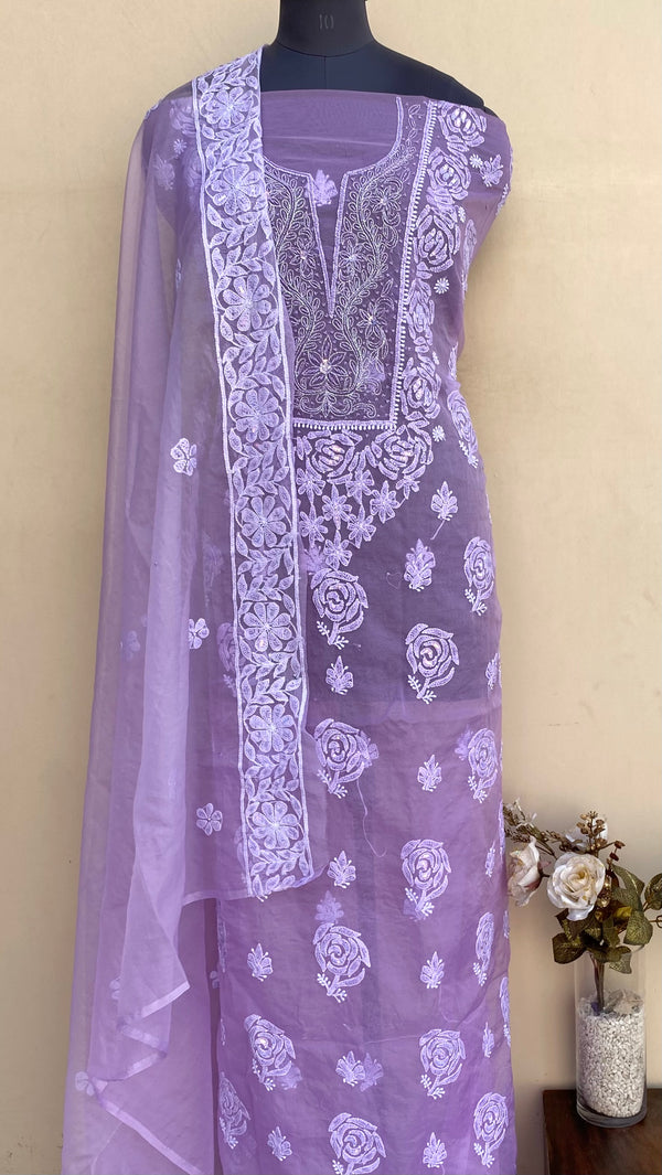 Lucknowi Chikankari Suit Length 2 Piece Purple Organza With Pearl & Sequence Work