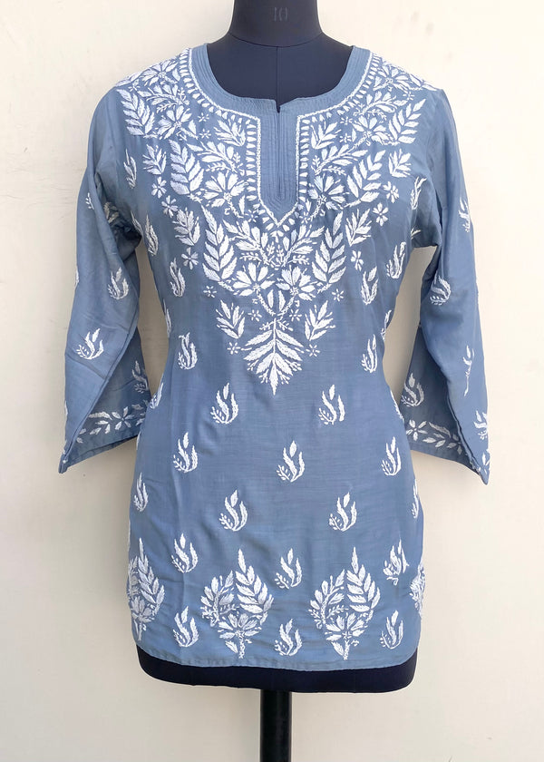 Lucknowi Chikankari Short Kurti Gray Muslin Cotton