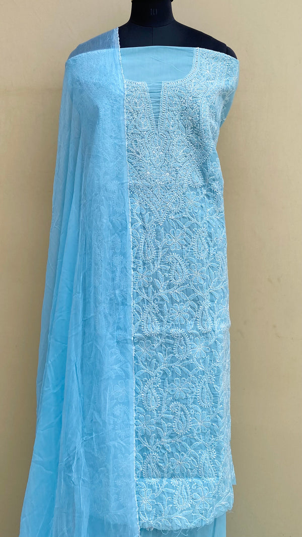 Lucknowi ChikanKari Suit Length 3 Piece Blue Cotton