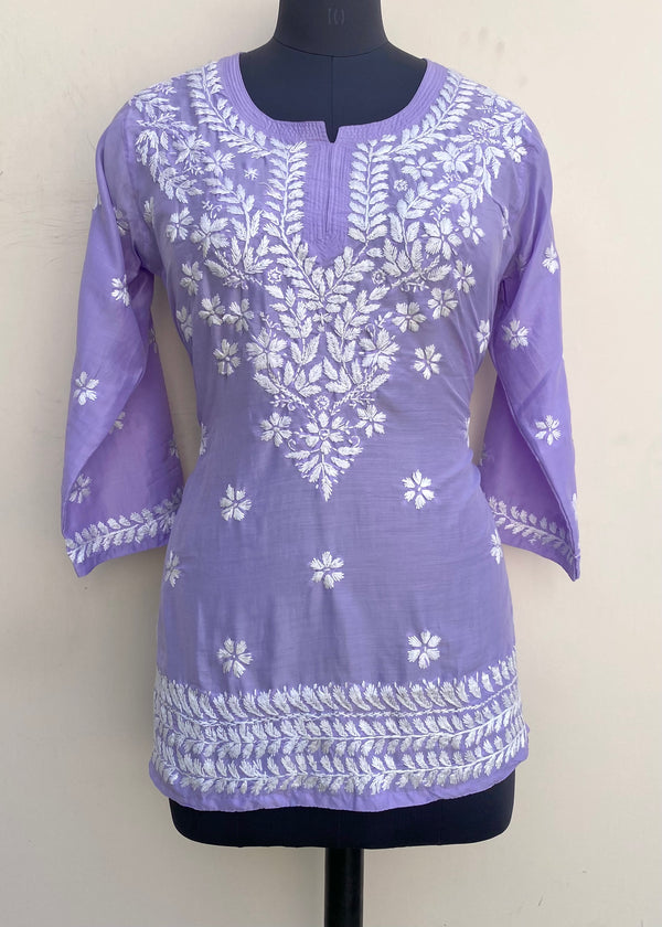 Lucknowi Chikankari Short Kurti Purple Muslin Cotton