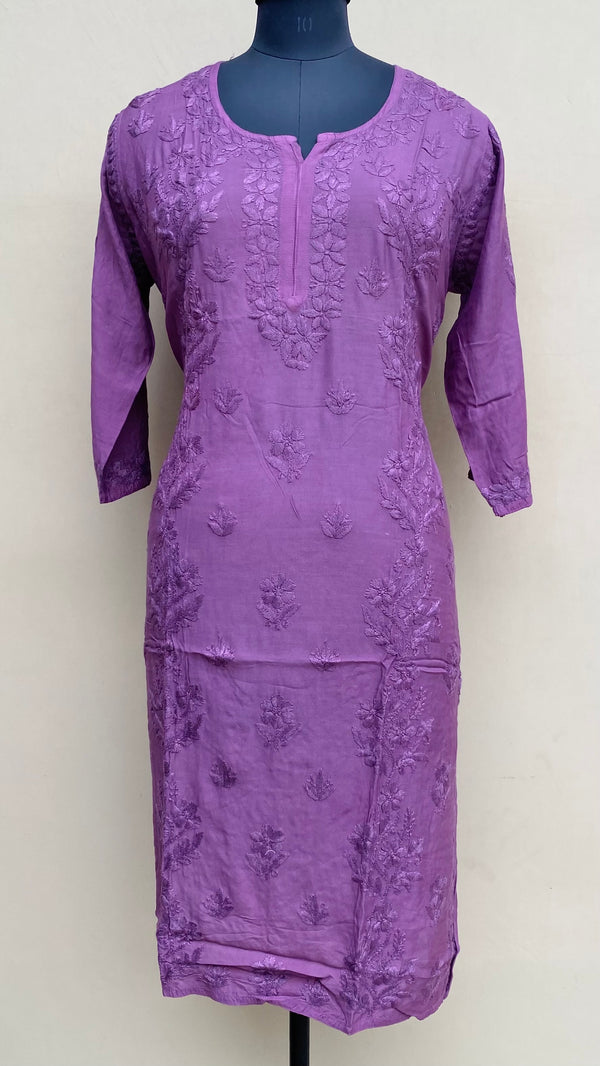 Lucknowi Chikankari Kurti Purple Muslin Cotton With Self 3D Work