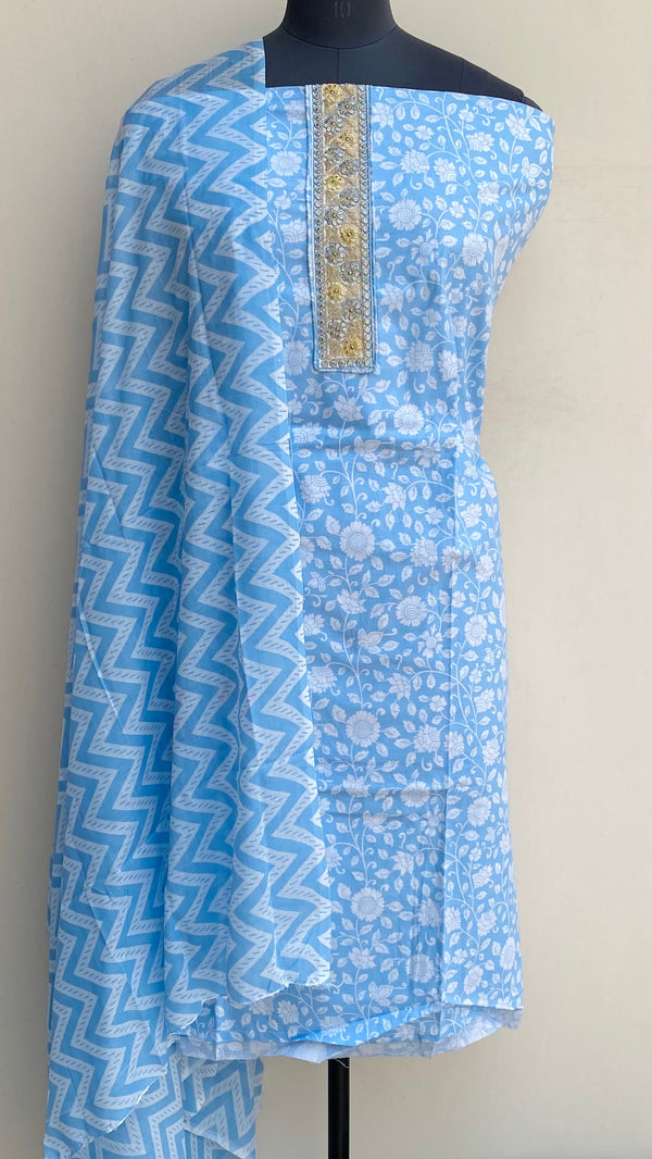 Designer Embroidered Suit Length 3 Piece Blue Mal Cotton With Sequence Work