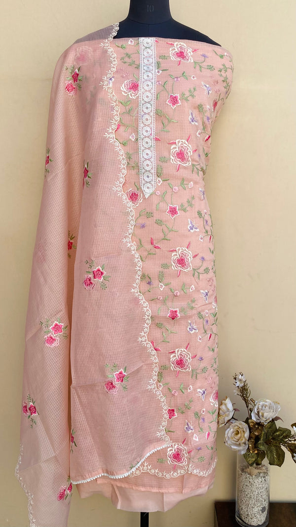 Designer Embroidered Suit Length 3 Piece Peach Kota