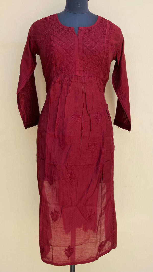 Lucknowi Chikankari Kurti Red Mal Chanderi With Self & 3D Work