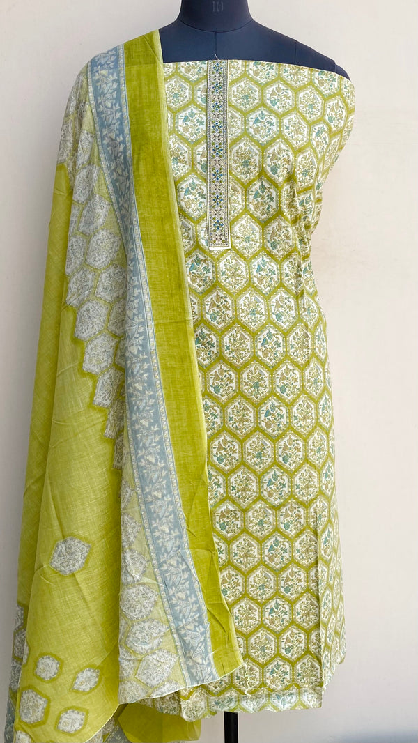 Designer Embroidered Suit Length 3 Piece Mehndi Green Mal Cotton With Sequence Work