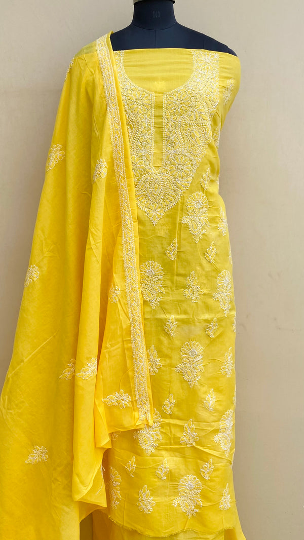 Lucknowi Chikankari Suit Length 3 Piece Yellow Cotton With Embroidered Cotton Dupatta