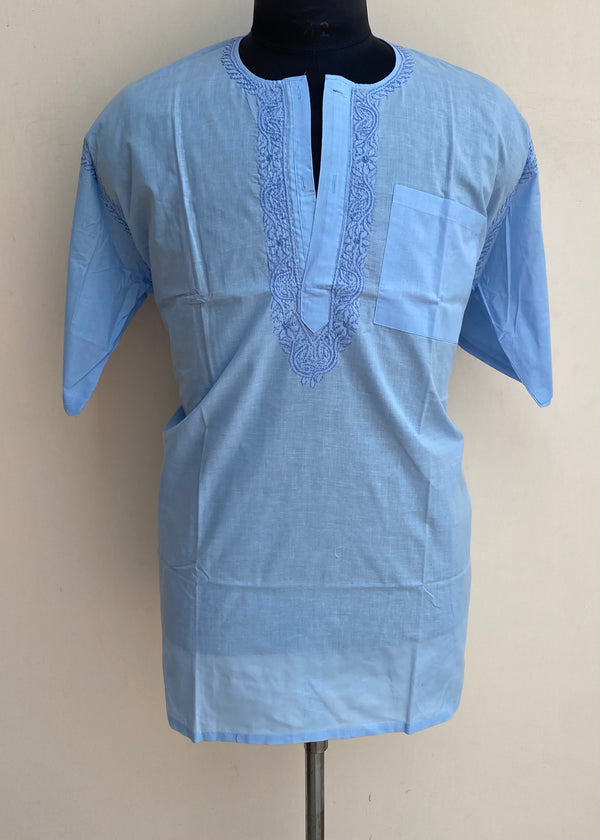 Lucknowi Chikankari Men’s Half Sleeves Short Kurta Blue Cotton With Pocket