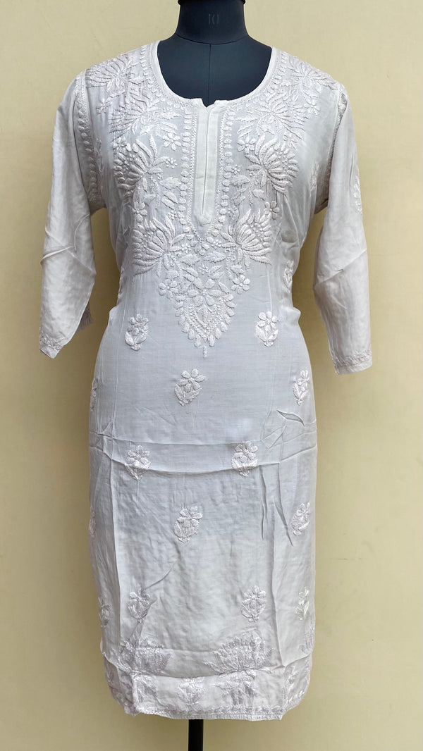 Lucknowi Chikankari Kurti Mouse Colour Muslin Cotton With Self 3D Work