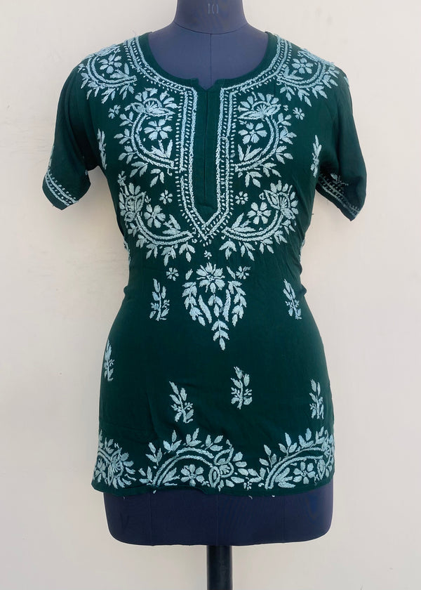 Lucknowi Chikankari Short Kurti Bottle Green Modal Cotton