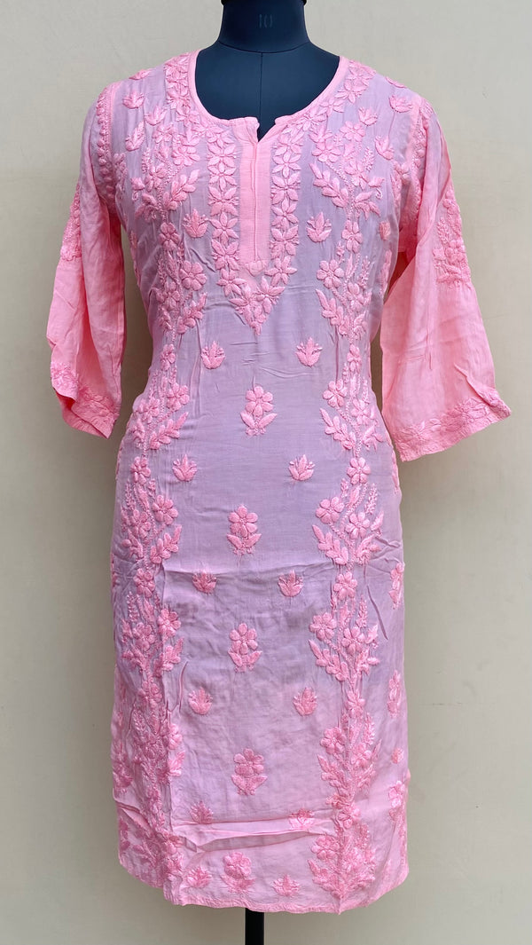 Lucknowi Chikankari Kurti Pink Muslin Cotton With Self 3D Work