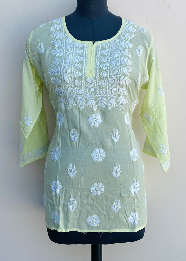 Lucknowi Chikankari Short Kurti Lemon Yellow Mulmul Cotton