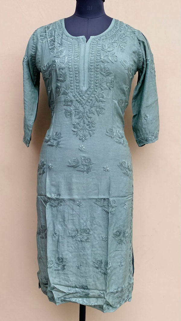 Lucknowi Chikankari Kurti Green Muslin Cotton With Self 3D Work