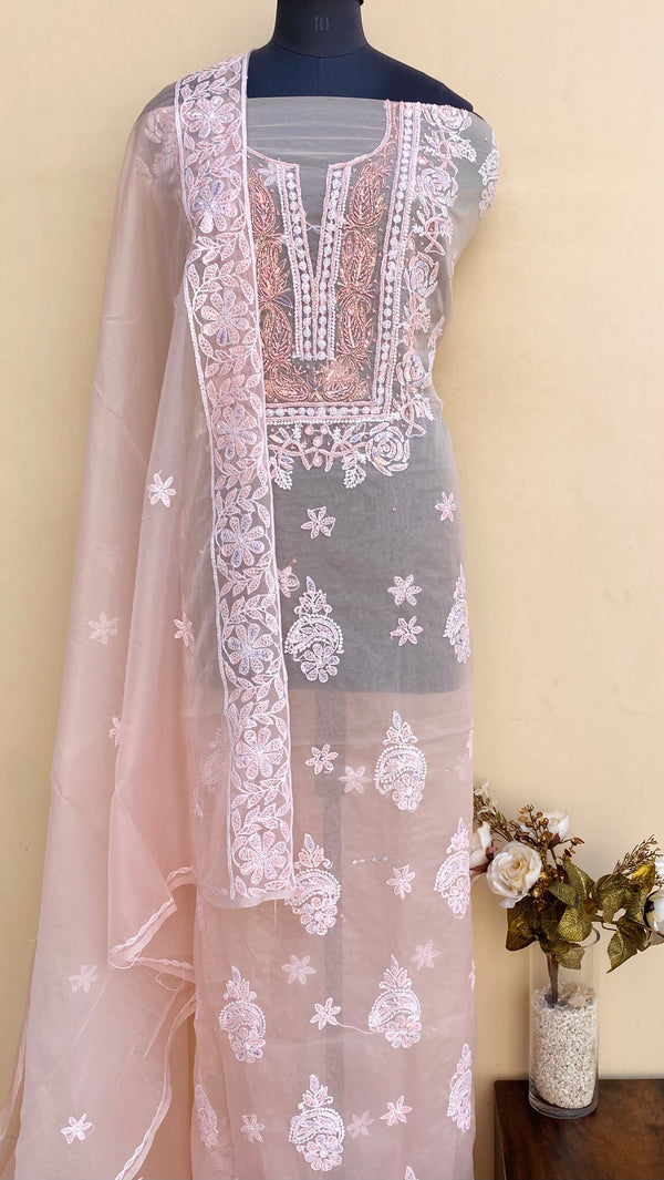 Lucknowi Chikankari Suit Length 2 Piece Pink Organza With Pearl & Sequence Work