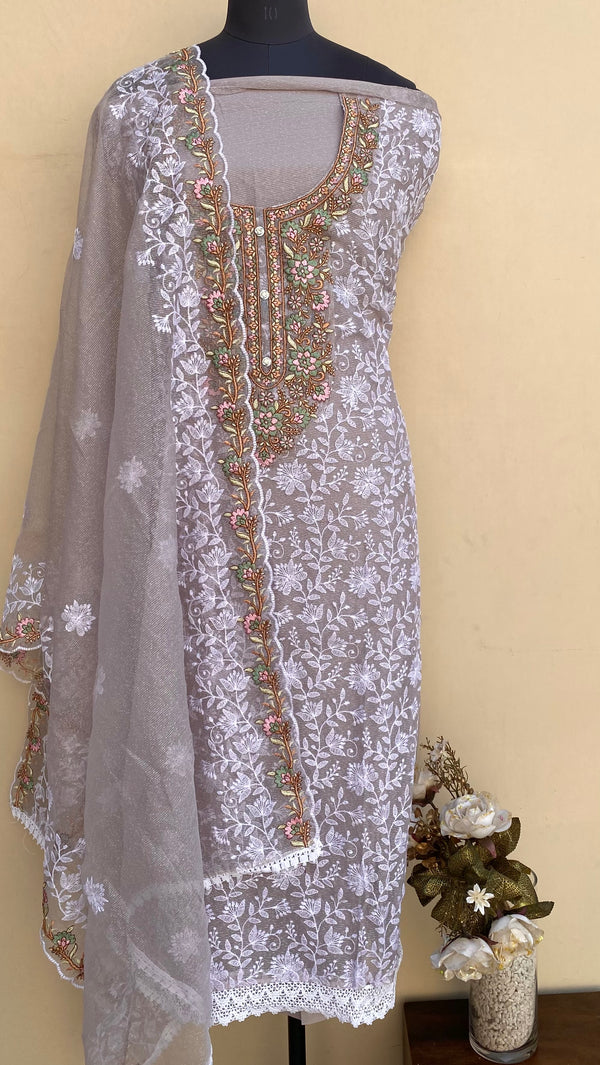 Designer Embroidered Suit Length 3 Piece Gray Kota