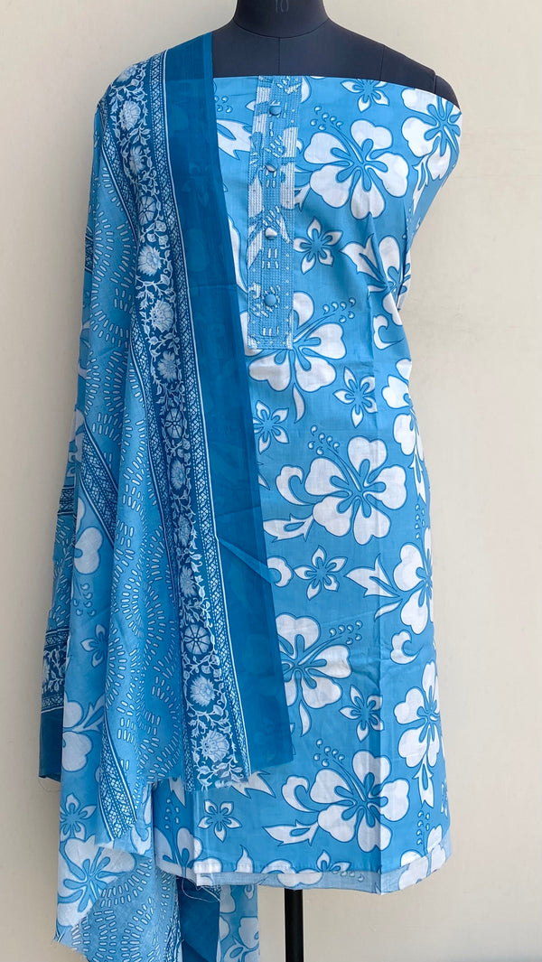 Designer Embroidered Suit Length 3 Piece Blue Mal Cotton With Sequence Work