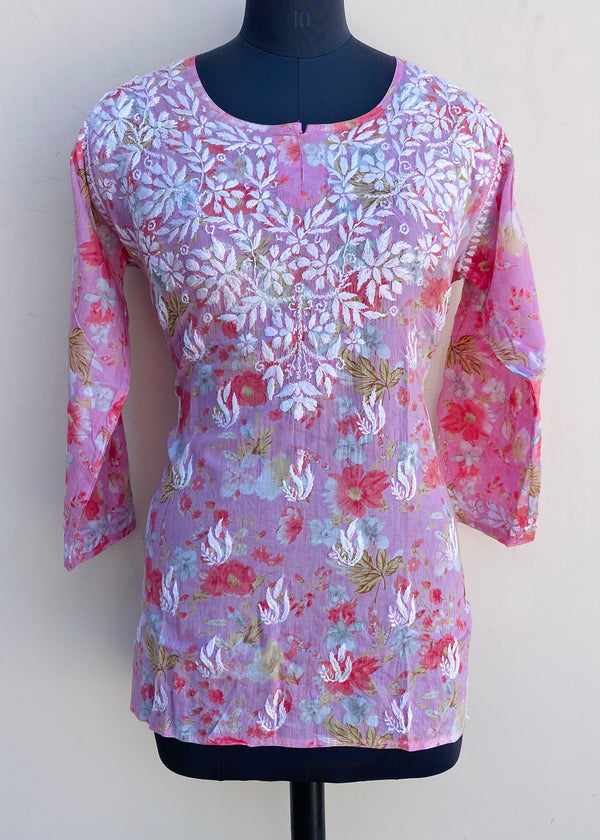 Lucknowi Chikankari Printed Short Kurti Pink Mulmul Cotton
