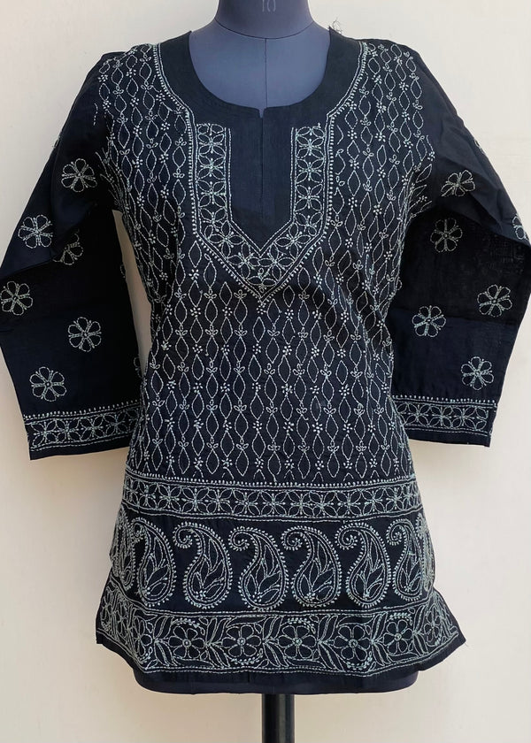 Lucknowi Chikankari Short Kurti Black Cotton