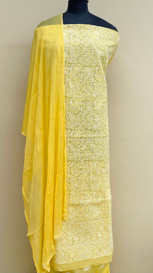 Lucknowi Chikankari Suit Length 3 Piece Yellow Cotton