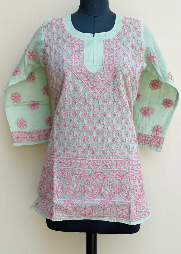 Lucknowi Chikankari Short Kurti Green Cotton