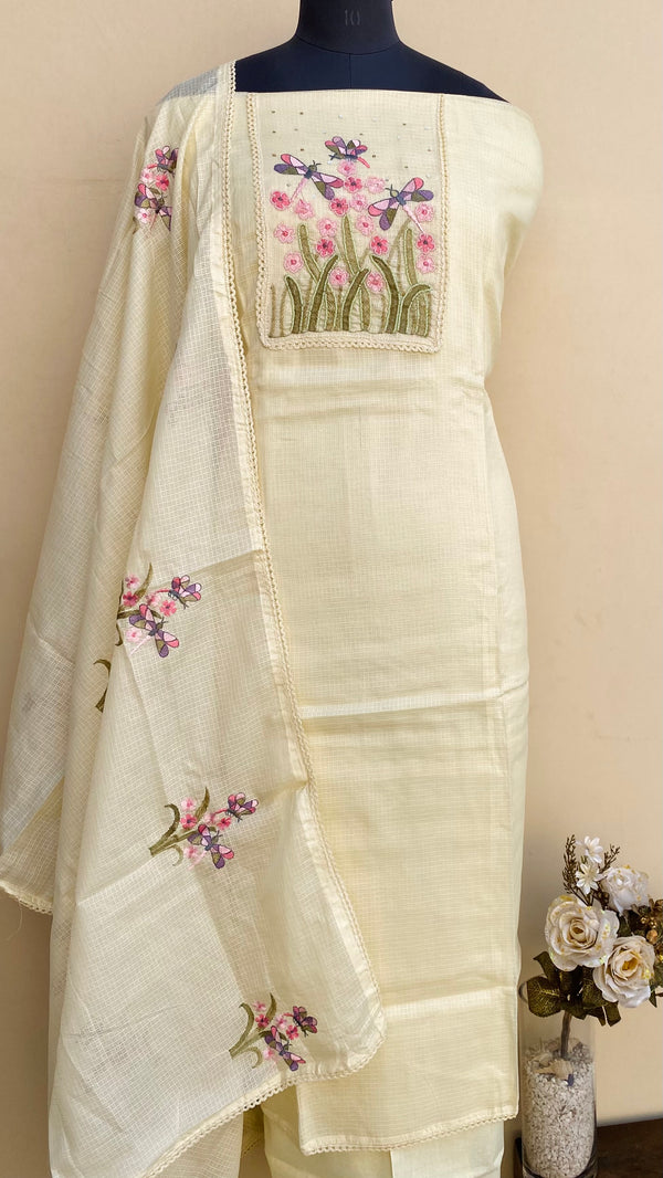 Designer Embroidered Suit Length 3 Piece Cream Kota With Pearl & Sequence Work