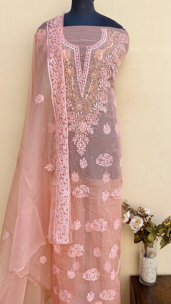 Lucknowi Chikankari Suit Length 2 Piece Copper Organza With Pearl & Sequence Work