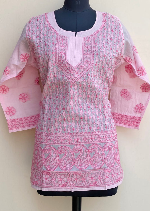 Lucknowi Chikankari Short Kurti Pink Cotton