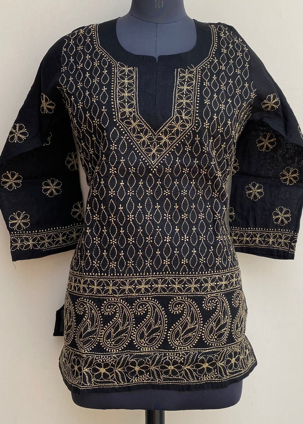 Lucknowi Chikankari Short Kurti Black Cotton