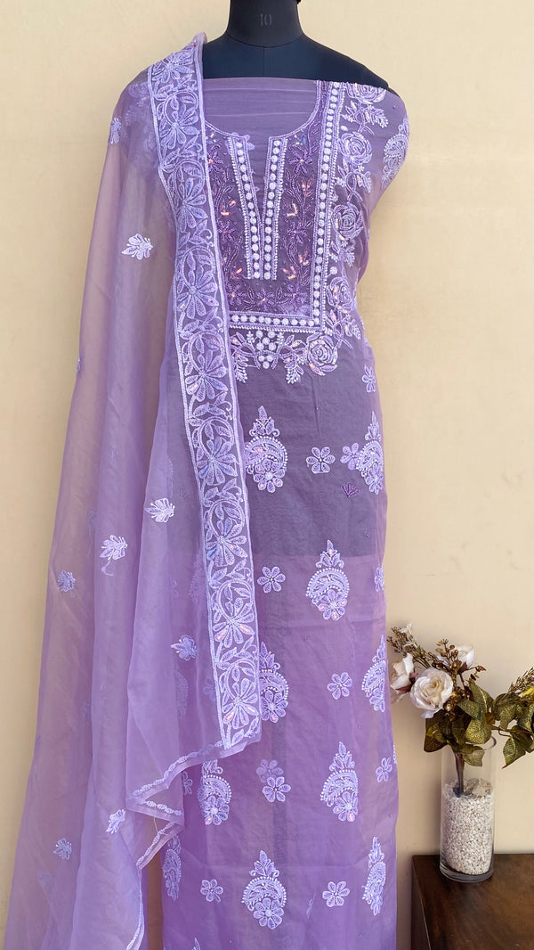 Lucknowi Chikankari Suit Length 2 Piece Purple Organza With Pearl & Sequence Work