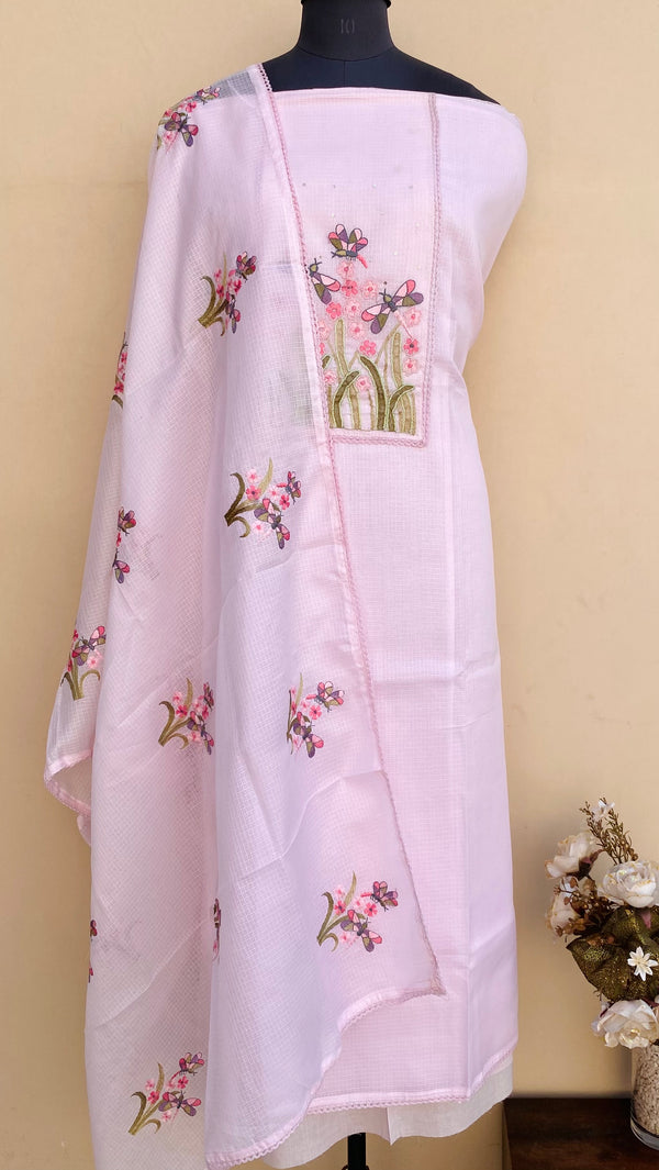 Designer Embroidered Suit Length 3 Piece Pink Kota With Pearl & Sequence Work