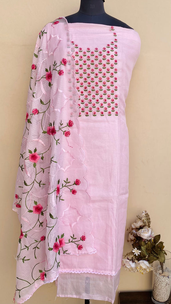 Designer Embroidered Suit Length 3 Piece Pink Kota With Stone Work