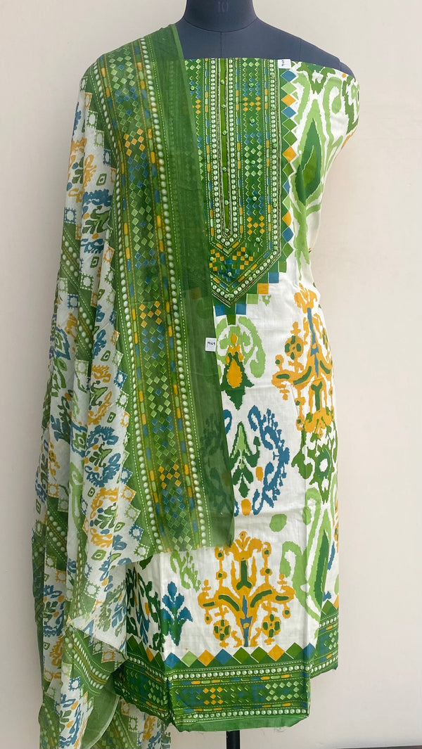 Designer Embroidered Suit Length 3 Piece Green Mal Cotton With Cutdana Work