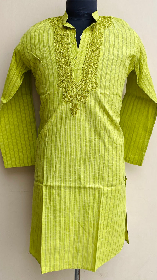 Lucknowi Chikankari Men’s Kurta Mehndi Green Cotton