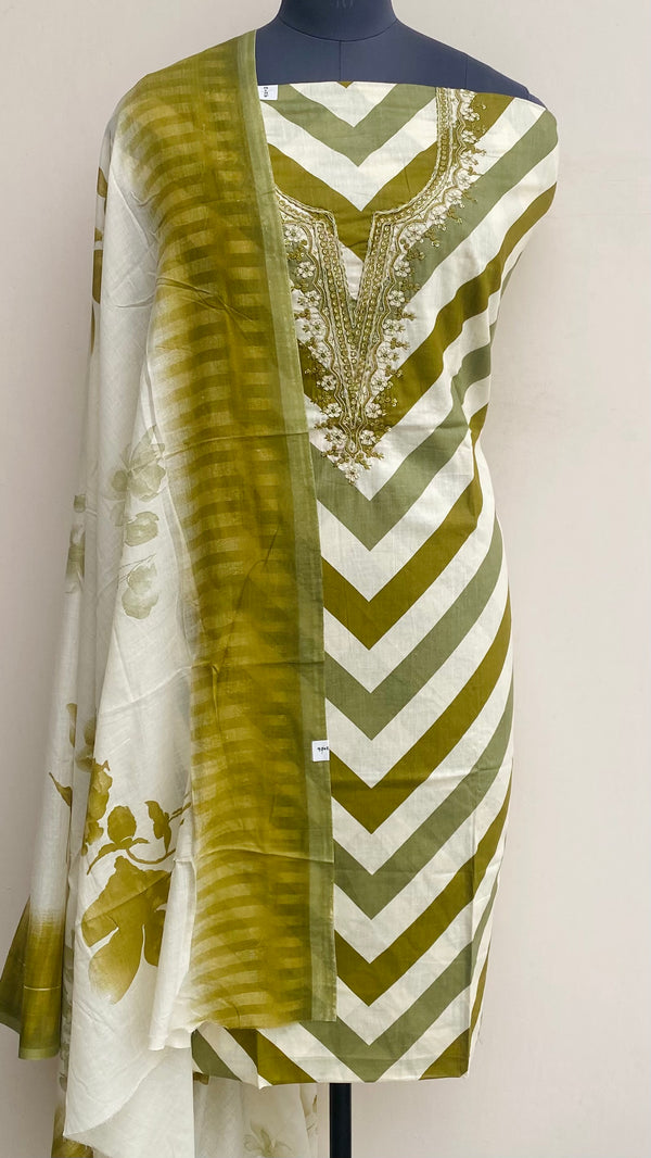 Designer Embroidered Suit Length 3 Piece Cream Mal Cotton With Sequence Work