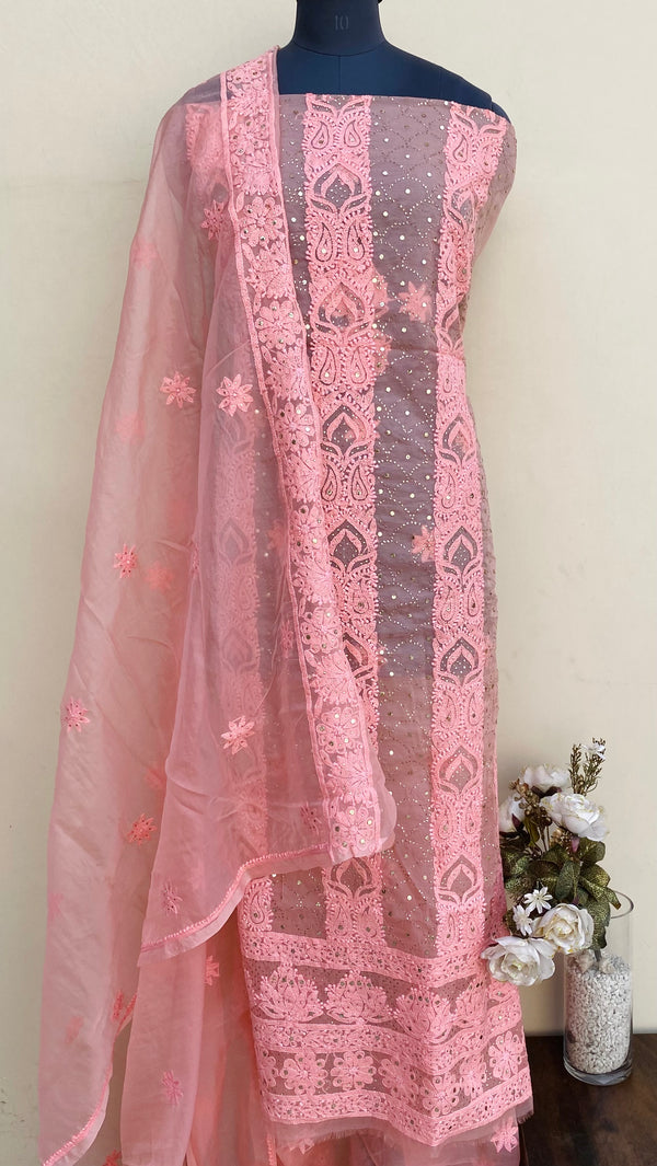 Lucknowi Chikankari Suit Length 2 Piece Peach Organza With Mukaish Work