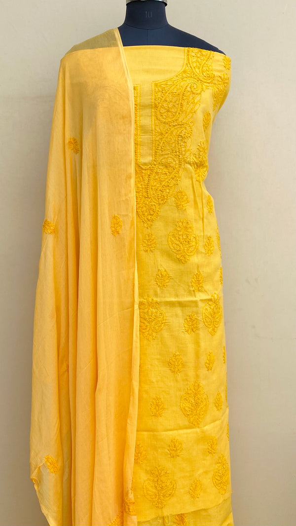 Lucknowi Chikankari Suit Length 3 Piece Yellow Cotton