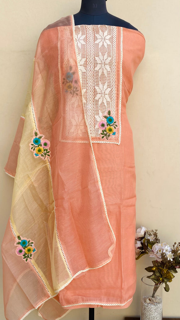 Designer Embroidered Suit Length 3 Piece Peach Kota