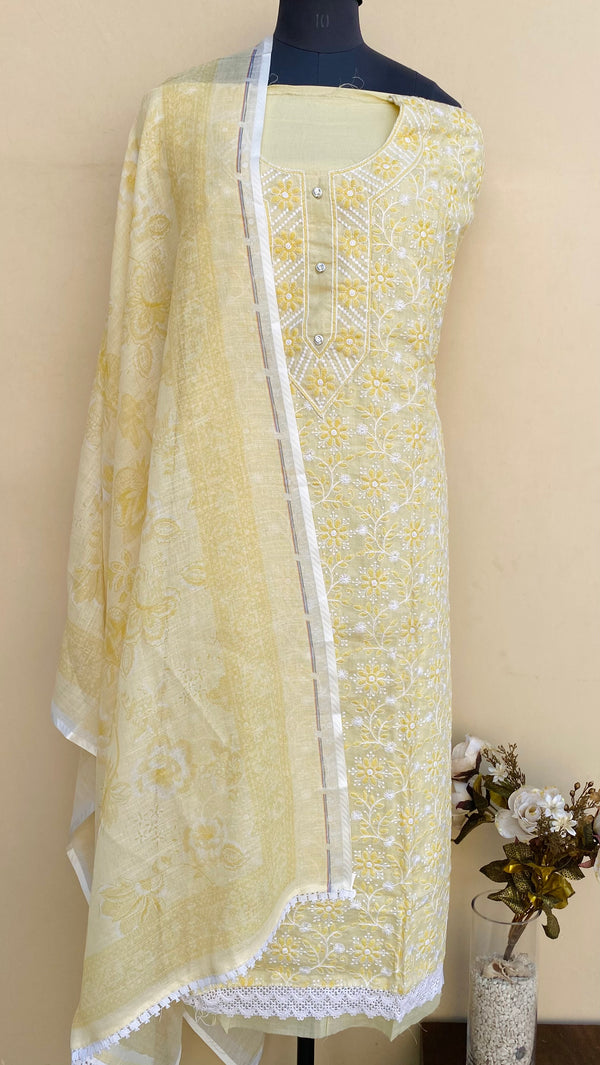 Designer Embroidered Suit Length 3 Piece Lemon Yellow Linen