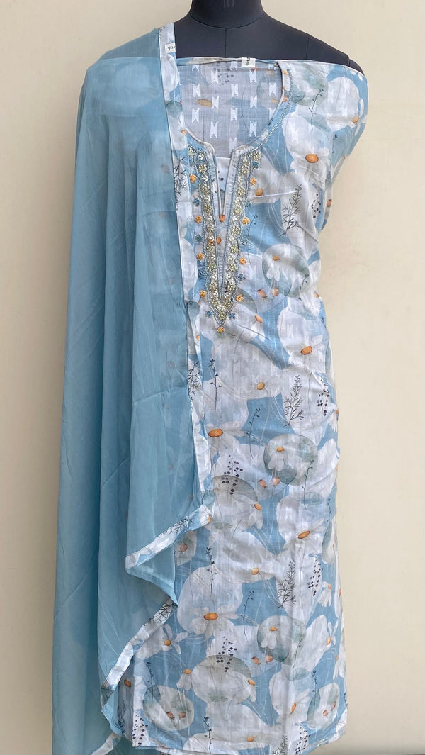 Designer Embroidered Suit Length 3 Piece Blue Mal Cotton With Pearl ,Sequence & Cutdana Work