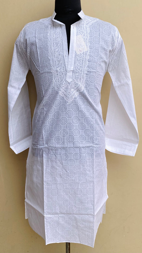 Lucknowi Chikankari Men’s Kurta White Cotton With Jaali Work