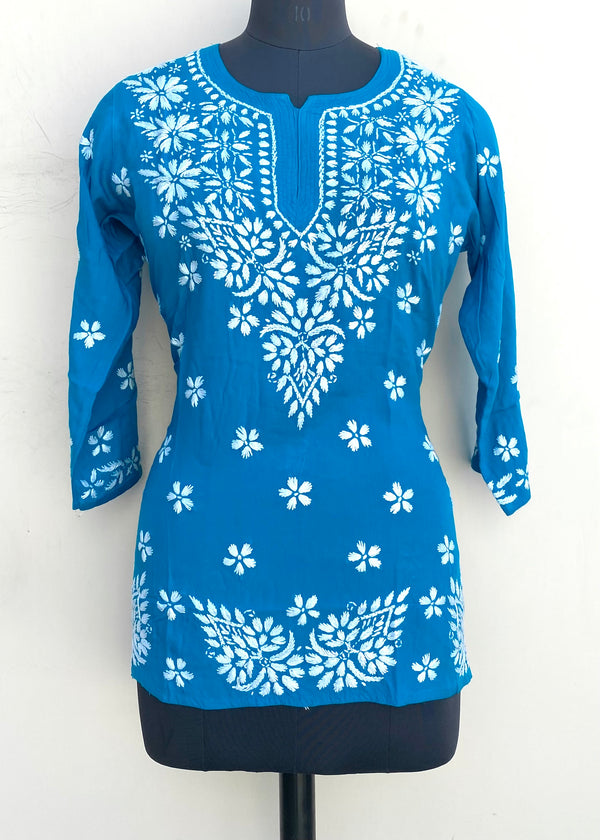 Lucknowi Chikankari Short Kurti Blue Modal Cotton