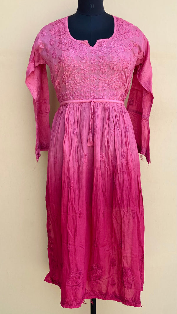 Lucknowi Chikankari Nyra Ombre Kurti Pink Mal Chanderi With Self 3D Work