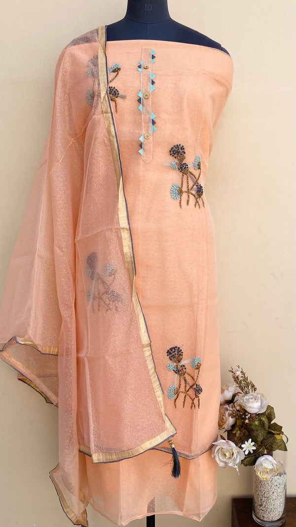 Designer Embroidered Suit Length 3 Piece Peach Kota With Cutdana Work