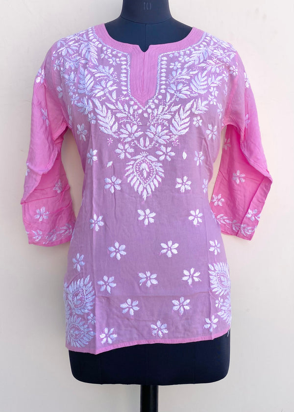 Lucknowi Chikankari Short Kurti Pink Modal Cotton